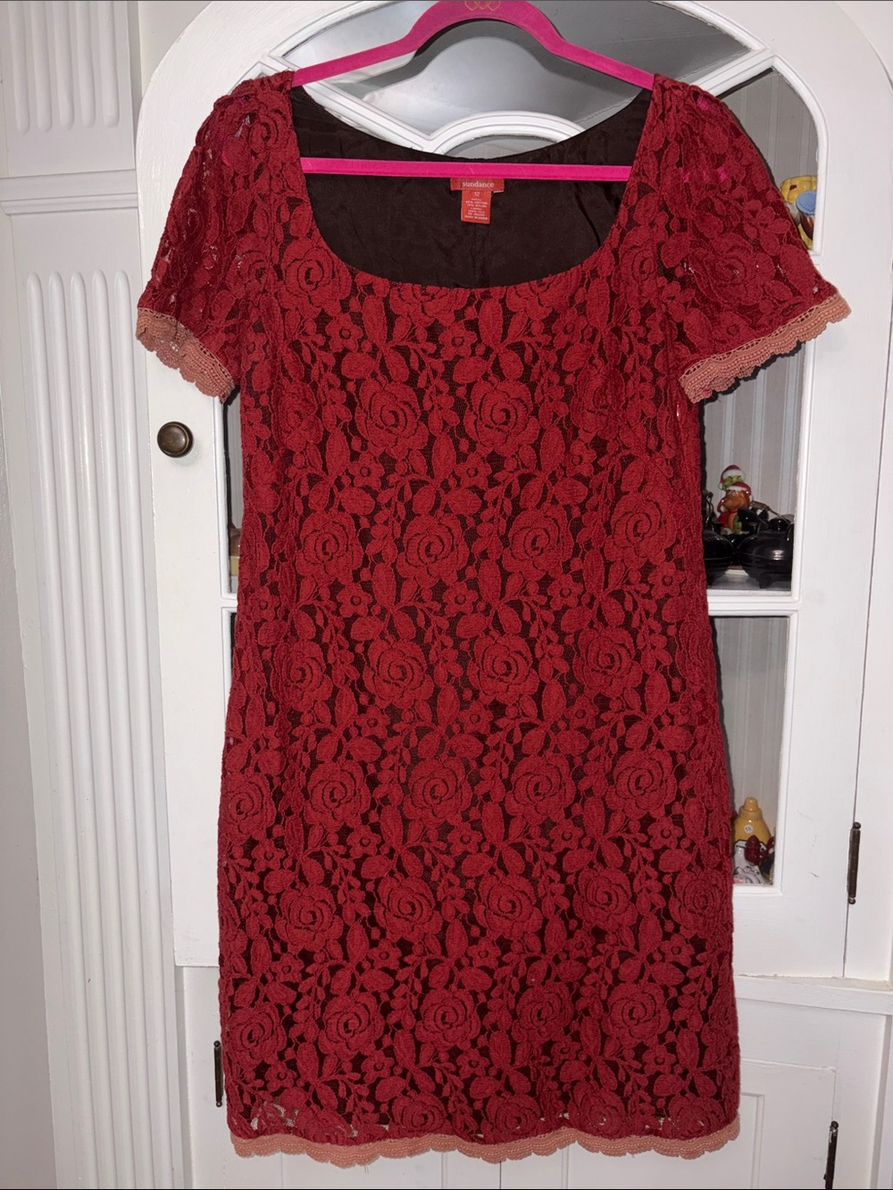Sundance Ruby Red Floral Lace Mini Dress with Pink Trim